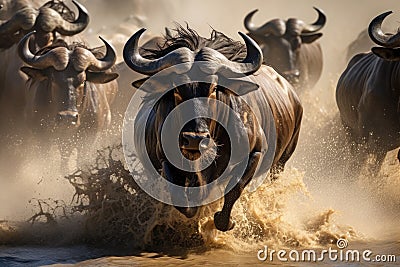 A large group of untamed animals running swiftly through a flowing river, Wildebeests crossing Mara River, Great Migration, Kenya Stock Photo