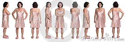 Large group of various photos of the same woman with nightgown on white background, front, rear and side view Stock Photo