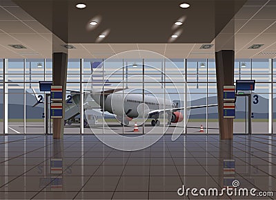 A large hall of the airport terminal, outside the window there is a landing on the plane. Vector Stock Photo