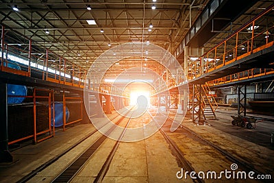 Large hall of warehouse with railroad for freight train load Stock Photo