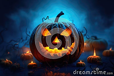 Large Halloween Jack-o'-lantern pumpkin on blue background among pumpkins as candles. Stock Photo