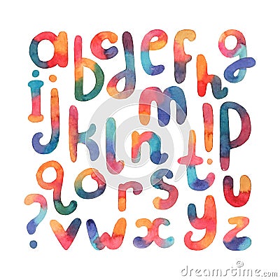 Large hand drawn watercolor font. Abc letters sequence from A to Z. Lowercase freehand letters in reonded plump shapes, drawn with Stock Photo