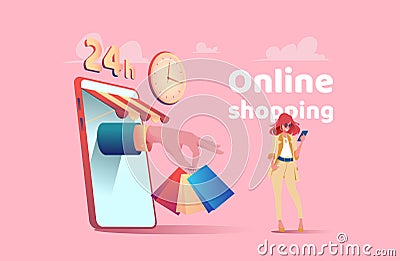Large hand from phone holds packages with purchases. There is kopeck piece with phone nearby and makes an online purchase. Online Vector Illustration