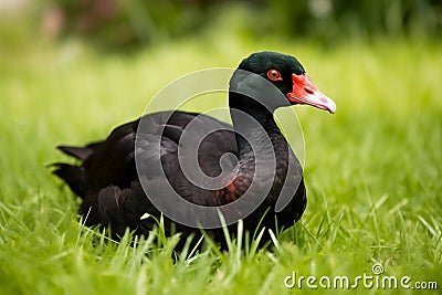 Large heavy bodied Black Muscovy duck sitting in green grass. Generate ai Stock Photo