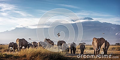 Large Herd of African Elephants in Front of Kilimanjaro Stock Photo