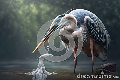 large heron stands on legs and eats fish in slow-moving water Cartoon Illustration