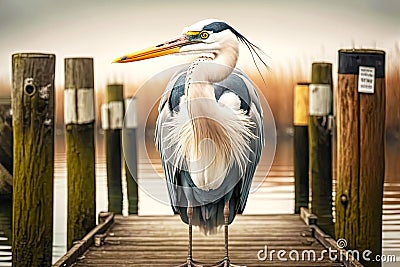 large heron with white neck stands on wooden pier Cartoon Illustration