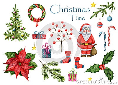 LargÑƒ holiday watercolor set `Christmas time`. Santa Claus, Christmas wreath and tree, poinsettia, holly, sprig of viburnum Stock Photo