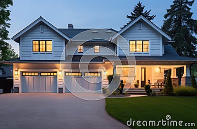 a large home at dusk near a brick garage Stock Photo