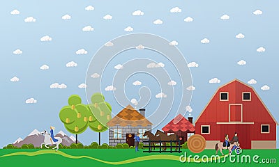 Large horse farm, vector banner in flat design Vector Illustration