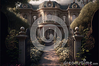 a large house with a gate and a clock tower on top of it's roof and a garden in front of it Stock Photo