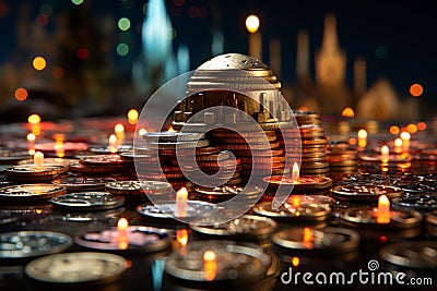 Large illuminated golden bitcoin coin with soaring value chart in the background Stock Photo