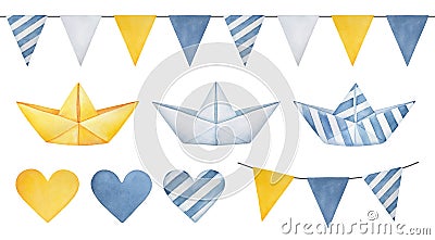 Large illustration collection of pennant banner garland, cute paper boats, various hearts and triangle flags. Cartoon Illustration