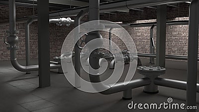 Large industrial boiler, pipes and valves room 3d illustration Stock Photo