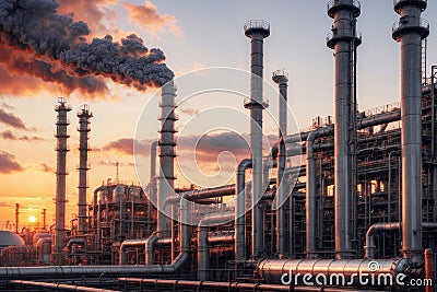 A large industrial gas and oil plant with many pipes and tanks Stock Photo