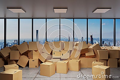 Large industrial urban warehouse with large pile of cardboard moving boxes in front of Skyline, conceptual 3D Illustration Stock Photo