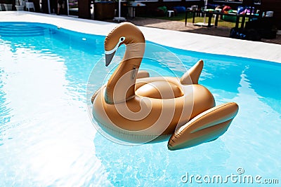 A large inflatable beige swan in the middle of a pool of blue water Stock Photo