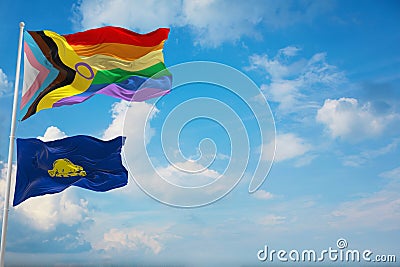 large Inter Progress Pride flag and flag of Oregon state, USA waving at sky. Freedom and love, activism, community concept. Pride Cartoon Illustration