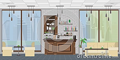 Large interior of a cafe or restaurant without people with large windows, sofas and city views. Vector Illustration