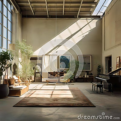 A large interior room with a piano and other furniture Stock Photo