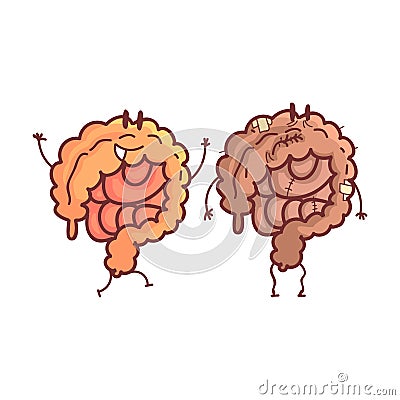 Large Intestine Human Internal Organ Healthy Vs Unhealthy, Medical Anatomic Funny Cartoon Character Pair In Comparison Vector Illustration