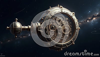 A giant celestial clockwork mechanism floating in deep space, its gears turning in synchronization with the movement of Stock Photo