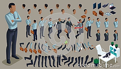 Large isometric Set of gestures of hands and feet 3d character of an African American businessman. Create your character Vector Illustration