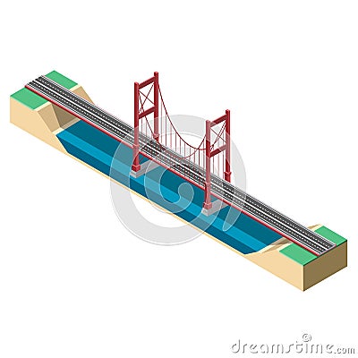 Large isometric suspension bridge. Vector Illustration