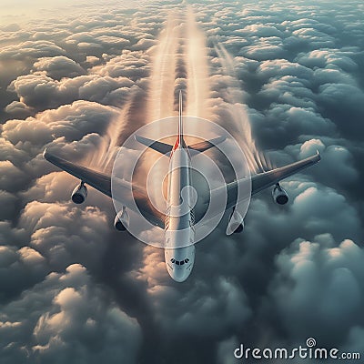 Large Jetliner Flying Through Cloudy Sky Stock Photo