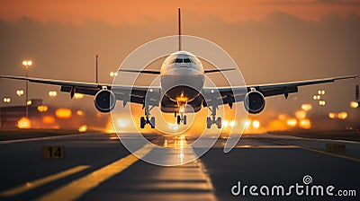 A large jetliner taking off from an airport runway, AI Stock Photo