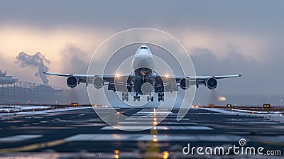 A large jetliner taking off from an airport runway at noon Stock Photo