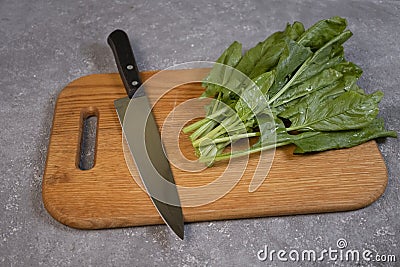 Large juicy spinach leaves on a cutting board, Stock Photo