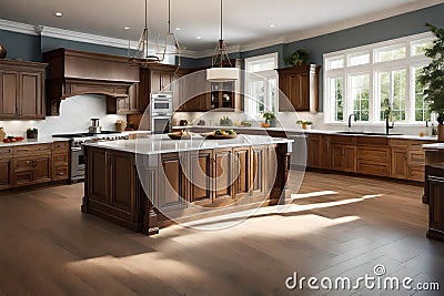 a large kitchen island serving as a focal point for cooking and entertaining Stock Photo