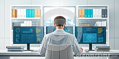large language model artificial intelligence optimization data scientist analyzing complex data on multiple screens in modern Stock Photo