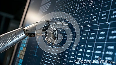 large language model deep learning computation Metallic robotic hand interacting with digital display interface, showcasing Stock Photo