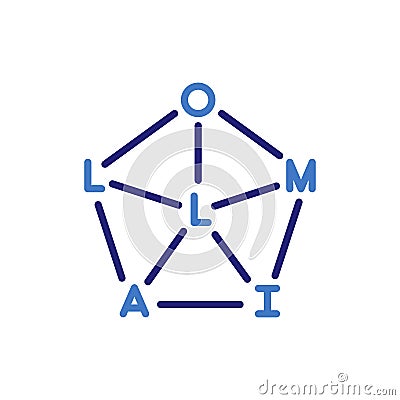 large language models llm neural network hexagon icon with letters, vector thin line illustration for ai, machine learning Vector Illustration