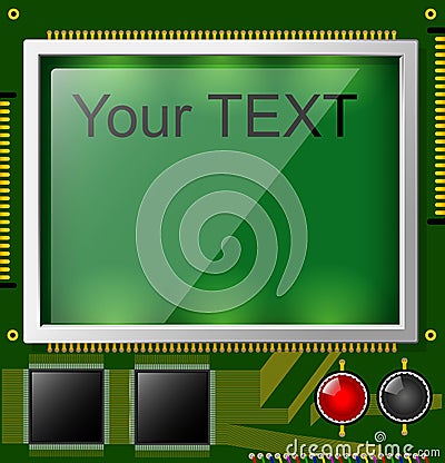 Large LCD display with space for text and backlight. A square printed circuit board is green. Electronic components. Vector Illustration
