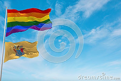 large lgbt flag and flag of New Jersey state, USA waving in the wind at cloudy sky. Freedom and love concept. Pride month. Cartoon Illustration