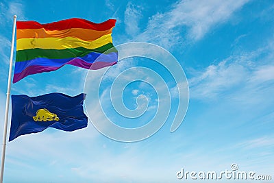 large lgbt flag and flag of Oregon state, USA waving in the wind at cloudy sky. Freedom and love concept. Pride month. activism, Cartoon Illustration