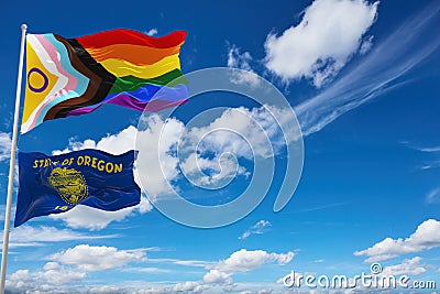 large LGBTQ Progress Pride with intersex inclusion flag and flag of Oregon state, USA. Freedom and love, activism, community Cartoon Illustration