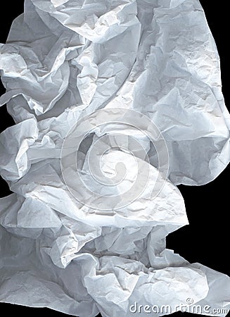 Large light elegant cloud of crumpled paper on a black background. White and gray wide crumpled paper texture background. Crushed Stock Photo