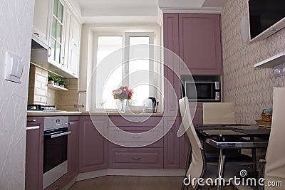 Large light pink kitchen. Interior of a pink kitchen. Wooden Kitchen Editorial Stock Photo