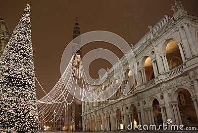 large lighted Christmas tree in the main town square of Vicenza Stock Photo