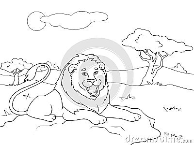 Large lion lies in the African savannah. Children coloring page full page, ready for printing. Cartoon Illustration