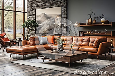 Large living room with brown sofa with pillows Stock Photo