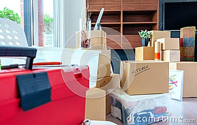 Living room with moving boxes Stock Photo