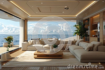 A large living room with a view of the ocean Stock Photo