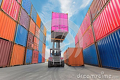 A large loader performs loading and unloading operations at the container site during the import and export of goods. The concept Stock Photo
