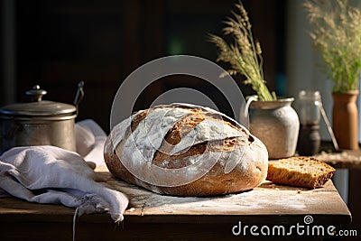 a large loaf of bread is sitting on a wooden board Stock Photo