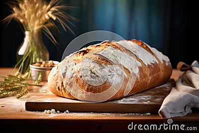 a large loaf of bread is sitting on a wooden board Stock Photo